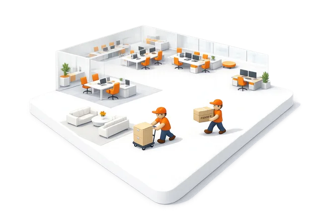 3D illustration of a moving crew with cartons and furniture