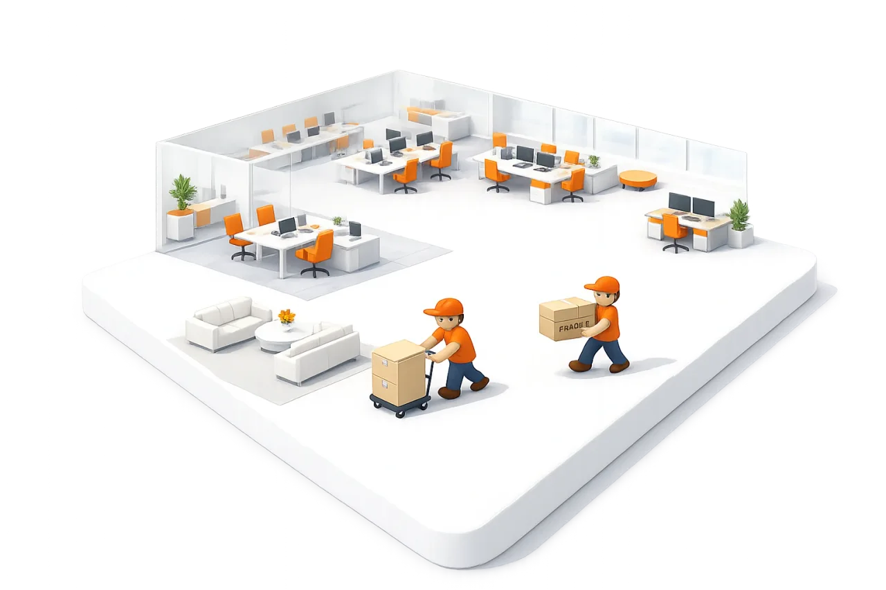 3D illustration of movers carrying boxes and moving furniture
